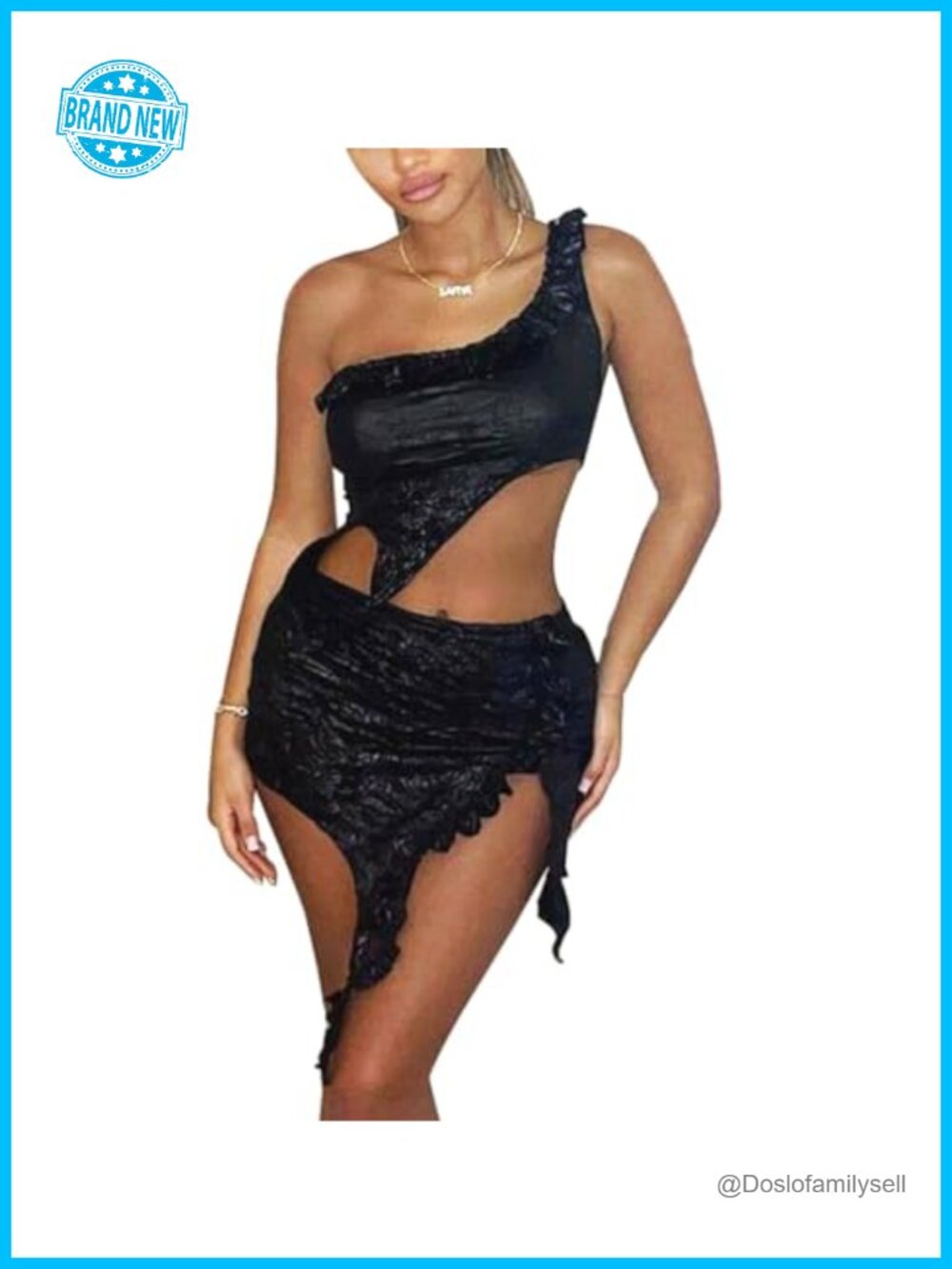 Metallic One Shoulder Ruched Cut Out Crop Top Sleeveless Ruffle Tank Mini Skirt